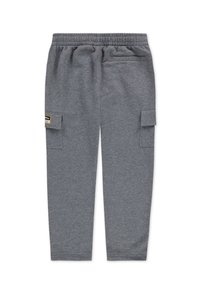 Grijze katoenen cargo broek met een elastische tailleband, zijzakken en een label op de linkerkant van de cargo zak. Zachte textuur, casual ontwerp.