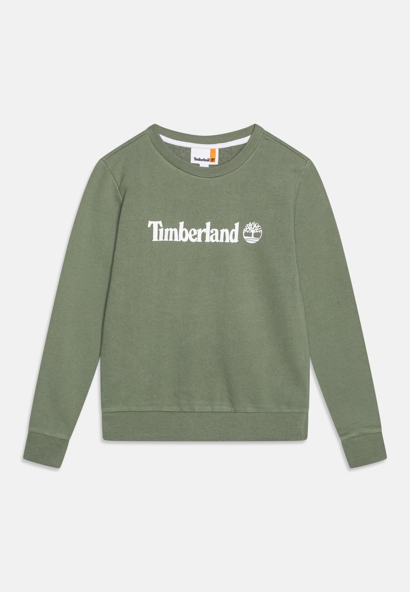 Felpa verde in tessuto misto cotone, con scollo rotondo, maniche lunghe, polsini a costine e grande logo bianco "Timberland".