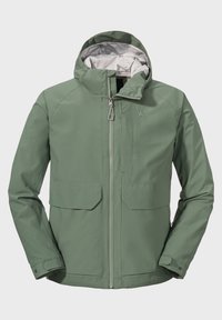 Giacca impermeabile verde con cappuccio, due tasche frontali, chiusura frontale con zip e una trama liscia e opaca con fodera interna a contrasto.