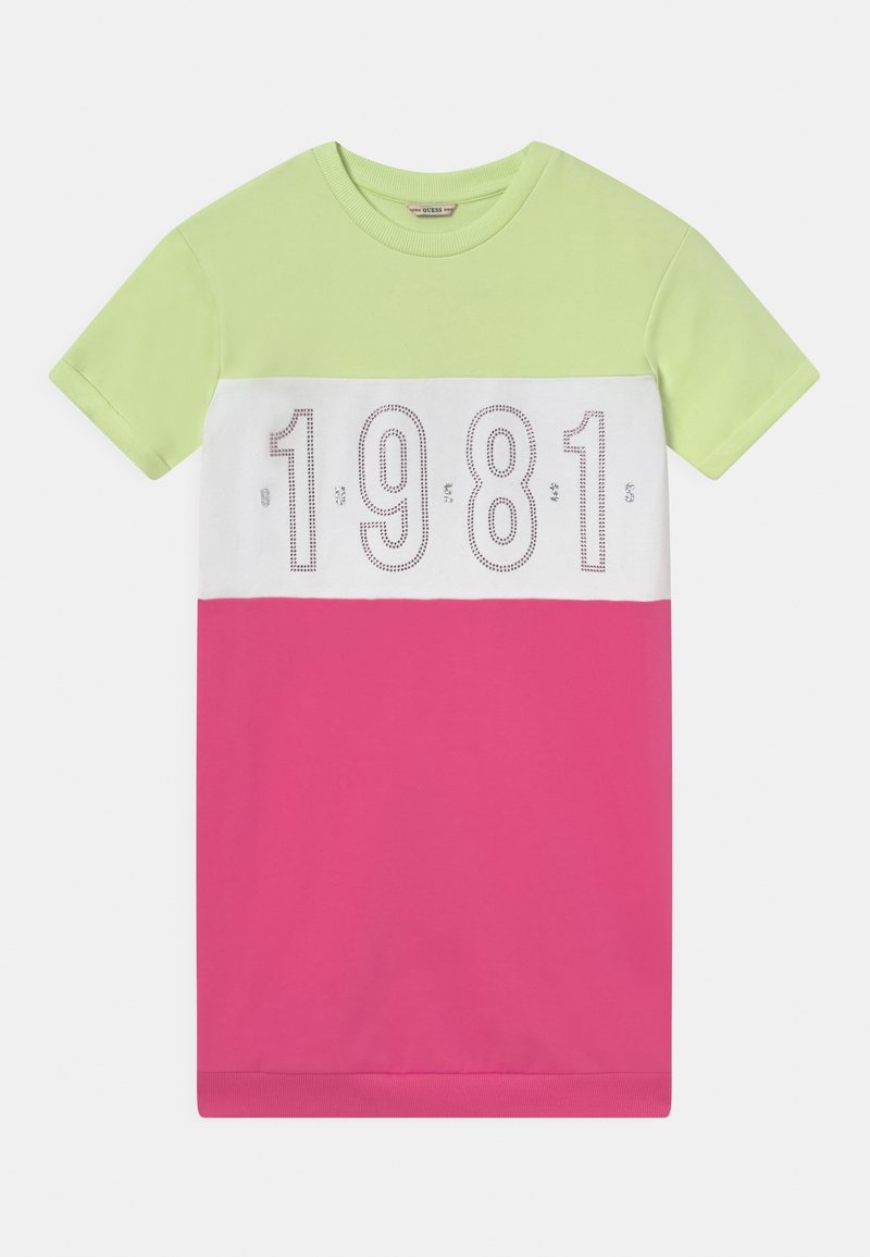 Kortærmet t-shirt med grønne, hvide og lyserøde farveblokke; "1981" tekst i rhinsten på forsiden; bomuldsstof; rund hals.