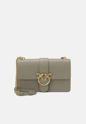 Gray faux leather handbag with a gold-tone bird accent, studded closure, and detachable chain strap. Flat design with a structured shape.