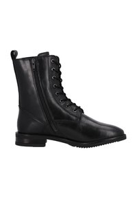 Bottine en cuir noir avec un bout arrondi, des lacets à l'avant et une fermeture éclair sur le côté. Semelle robuste avec un motif de traction discret.