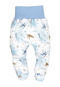 Hellblaue Hosen mit einem gerippten Bund, die ein maritimes Muster aus Oktopussen, Quallen, Fischen und Muscheln auf weißem Hintergrund zeigen.