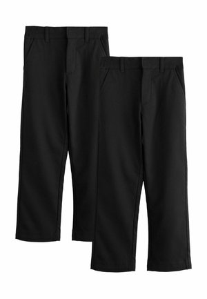 Two pairs of black straight-leg trousers with belt loops and side pockets, displayed against a white background.