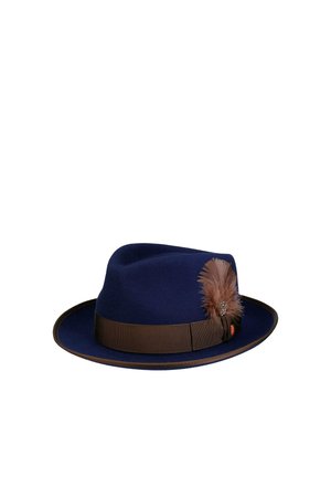 Navy blue fedora hat with a brown band and a brown feather decoration on the side, featuring a pin detail.