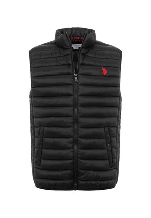 Black quilted sleeveless vest with front zipper, two snap-button pockets, and red embroidered U.S. Polo Assn. logo on the chest.