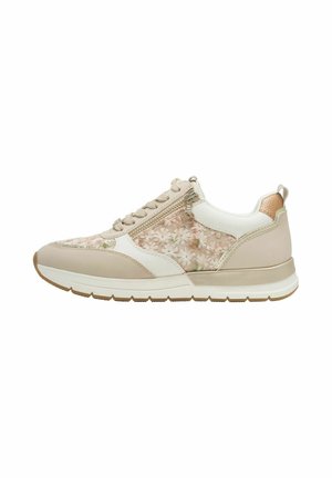 Beige sneaker with floral fabric insets, white leather accents, decorative zipper, and textured detailing on the heel area. Rubber sole.