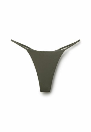 Bas de bikini vert olive minimaliste avec fines bretelles latérales, posé à plat sur un fond blanc.