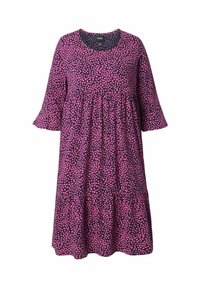 Vestido con mangas acampanadas en azul marino oscuro con un estampado de corazones rosas. Presenta un escote redondo y una cintura fruncida, hecho de tela suave.