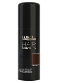 Zwarte spuitbus met gouden tekst "L'Oréal Professionnel Hair Touch Up." Bruin kleurindicator aan de zijkant. Glad, cilindervormig ontwerp.
