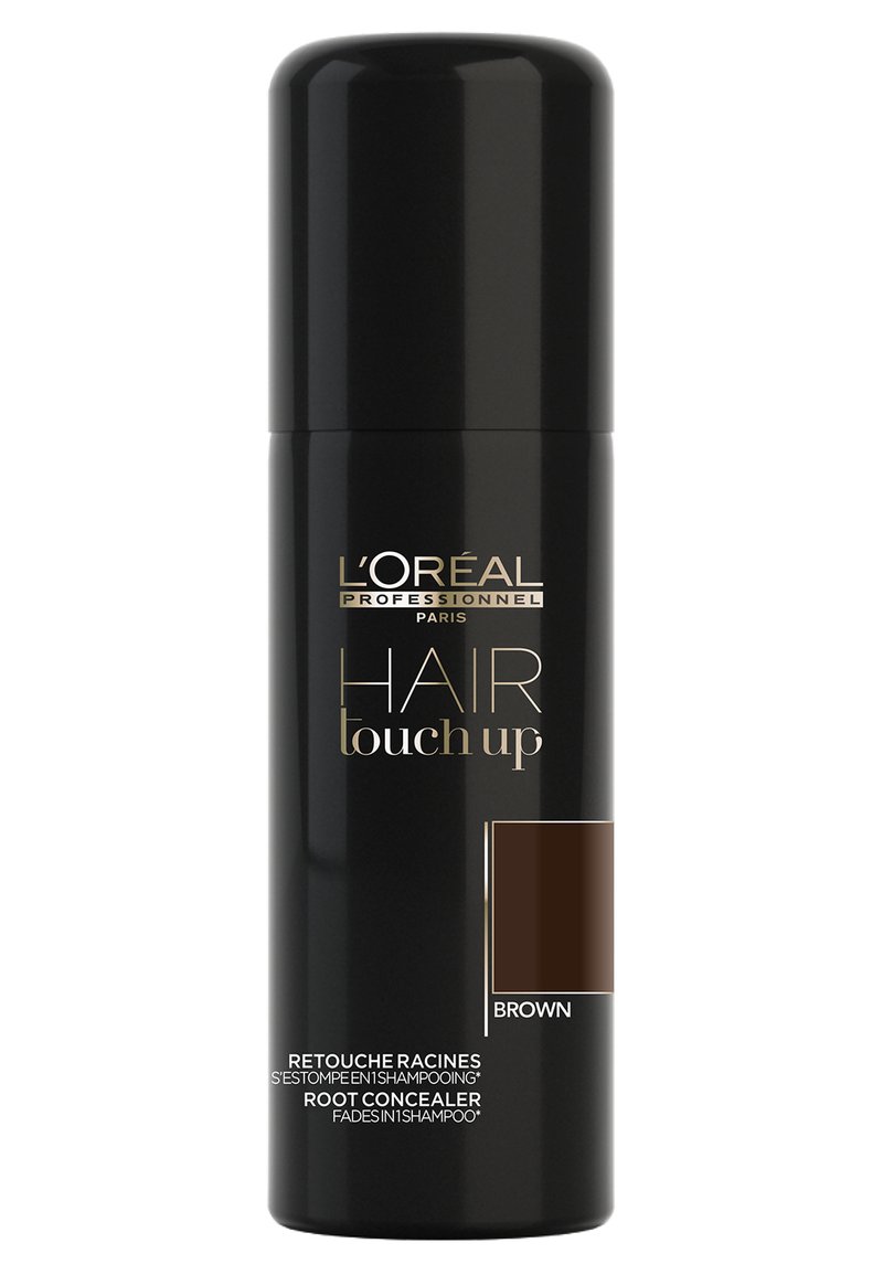 Zwarte spuitbus met gouden tekst "L'Oréal Professionnel Hair Touch Up." Bruin kleurindicator aan de zijkant. Glad, cilindervormig ontwerp.
