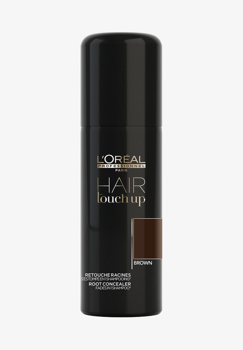 Svart sprayboks med gulltekst som sier "L'Oréal Professionnel Hair Touch Up." Brun fargeindikator på siden. Glatt, sylinderformet design.