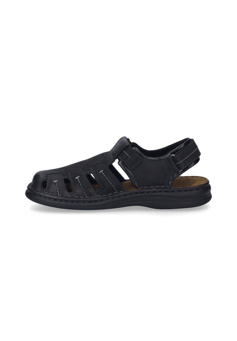 Black leather sandal with open design, featuring cut-outs, stitching accents, and a cushioned insole. Back strap for secure fit. Lightweight sole.