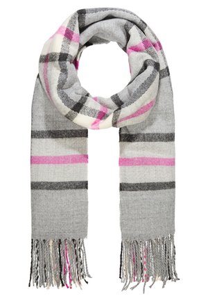Szary szalik w kratę w odcieniach różu, czerni i bieli, z pętlą na górze oraz frędzlami zwisającymi na końcach.
