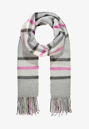 Bufanda gris con rayas de cuadros en rosa, negro y blanco, con un lazo en la parte superior y extremos con flecos colgando.