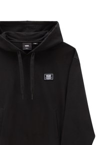 Svart hoodie i bomullsblandning, med en framficka i kängurustil, snörning i huvan och en rektangulär Vans-logotyp.