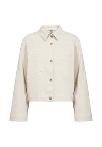 Veste en denim beige coupée avec un devant à bouton, un col pointe, deux poches poitrine et des manches longues avec des poignets à boutons.