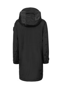 Sort polstret jakke med hætte, med lige snit og lange ærmer. Glat tekstur, uden synlige mønstre og med minimale hardwaredetaljer.