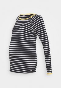 Marinblå och vitrandig långärmad graviditetströja med en gul krage och ärmslut, med axelknappar och en figurnära passform.