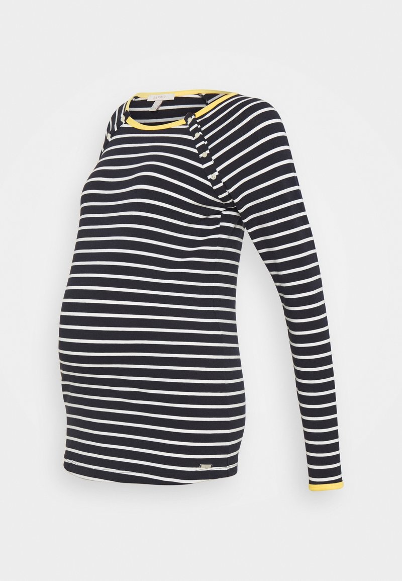 Marinblå och vitrandig långärmad graviditetströja med en gul krage och ärmslut, med axelknappar och en figurnära passform.