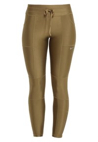 Legíny Nike v tlumené olivově zelené barvě, s vysokým pasem, šňůrkou a bočními kapsami. Hladký, elastický materiál s panelovými detaily.