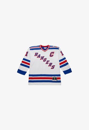 White hockey jersey with blue and red stripes, "RANGERS" diagonally across front, number 11 on sleeves, and a captain "C" on the chest.