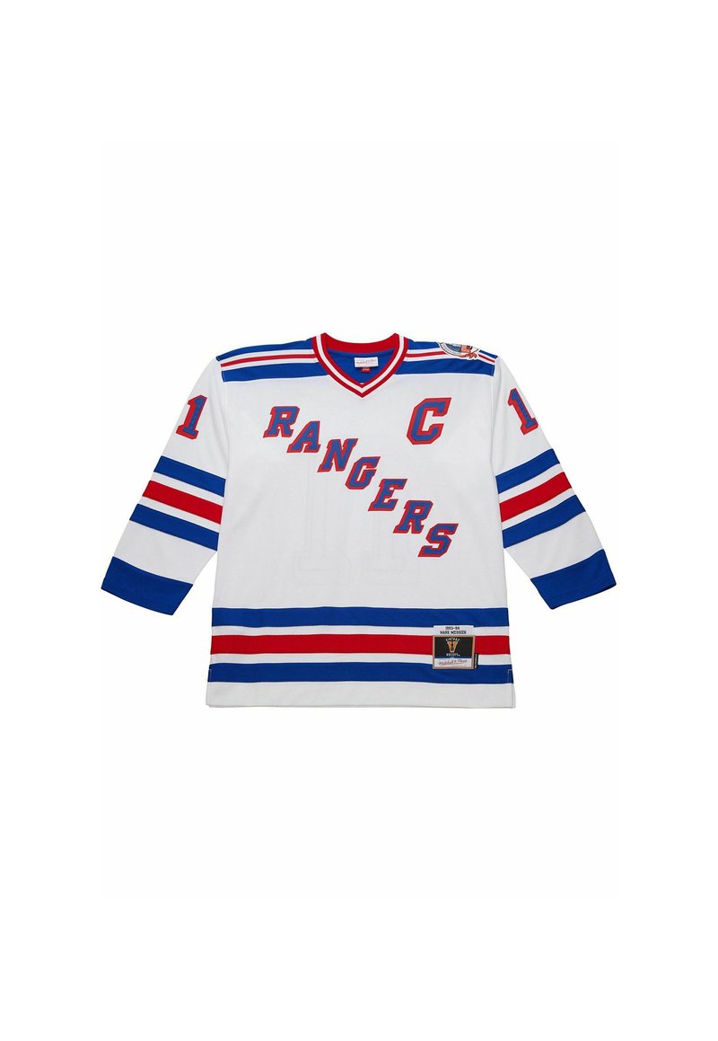 Weißes Eishockey-Trikot mit blauen und roten Streifen, "RANGERS" diagonal über die Vorderseite, Nummer 11 auf den Ärmeln und ein Kapitäns"C" auf der Brust.