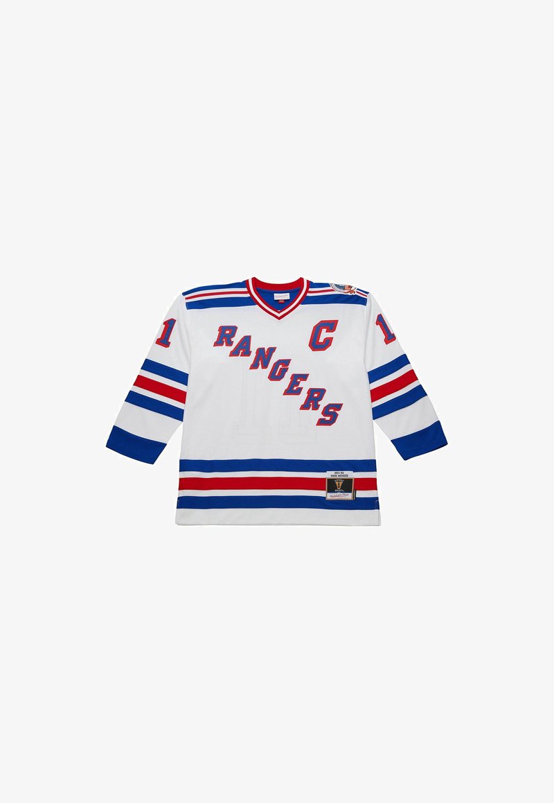 White hockey jersey with blue and red stripes, "RANGERS" diagonally across front, number 11 on sleeves, and a captain "C" on the chest.