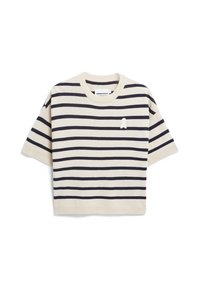 Gestreepte gebreide top in crème en marineblauw, met een ribgebreide ronde halslijn en korte mouwen. Inclusief een klein wit logo-accent op de borst.