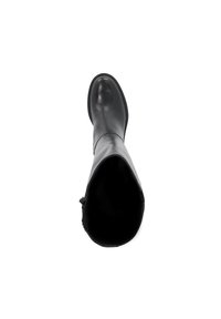 Black leather knee-high boot viewed from the top, showing the round toe and the hollow interior against a white background.