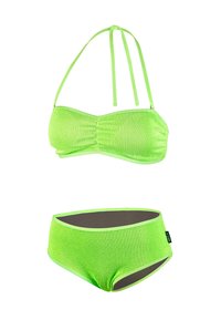Ensemble bikini vert néon en tissu texturé. Le haut est de style bandeau avec des bretelles ajustables, et le bas est taille haute.