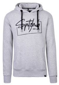 Grijze hoodie met een grote zwarte grafische print "Spitzbub EST. 2017" over de borst, verstelbare koordjes en een voorzak.