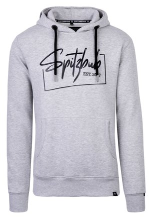 Grijze hoodie met een grote zwarte grafische print "Spitzbub EST. 2017" over de borst, verstelbare koordjes en een voorzak.