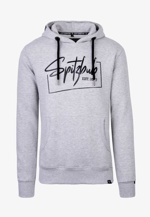 Grijze hoodie met een grote zwarte grafische print "Spitzbub EST. 2017" over de borst, verstelbare koordjes en een voorzak.