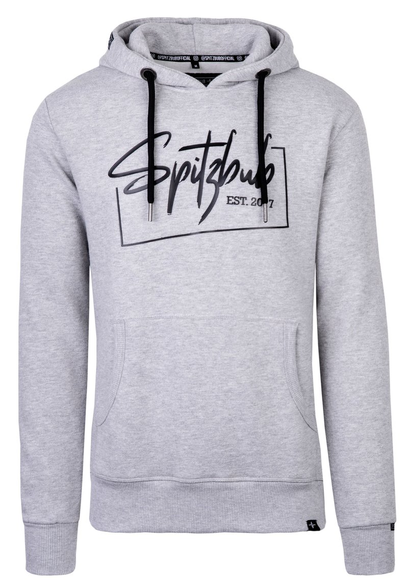 Gray hoodie with a large black graphic print "Spitzbub EST. 2017" across the chest, adjustable drawstrings, and front pocket.