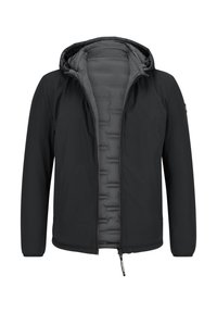 Schwarze Jacke mit grauem Innenfutter, ausgestattet mit Kapuze, durchgehendem Reißverschluss und elastischen Manschetten. Hergestellt aus einem glatten, leichten Material.