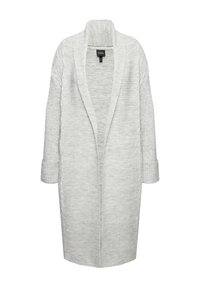 Světle šedý cardigan s texturovaným žebrovaným designem, otevřený vpředu a s dlouhými rukávy. Má šálový límec a ohrnuté manžety.