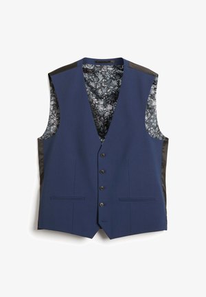 Navyblauw vest met een V-halsontwerp, een voorkant met vijf knopen, zakflappen en een grijs bloemenpatroon aan de binnenkant, met zwarte satijnen accenten.