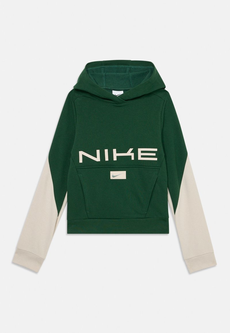 Grønn hettegenser med beige lange ermer, frontlomme, stort "NIKE" logo og liten Nike swoosh. Myk tekstur og avslappet passform design.