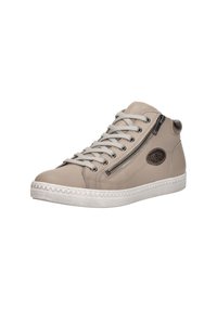 Beige leren hoge sneakers met een witte rubberen zool, voorzien van grijze veters, een zijrits en een logo-opdruk aan de buitenkant.