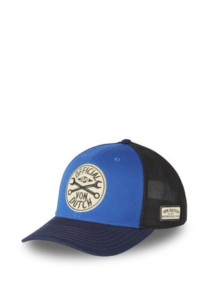 Casquette trucker Von Dutch bleue et noire avec dos en mesh, écusson rond montrant des clés croisées et texte "Official Von Dutch".