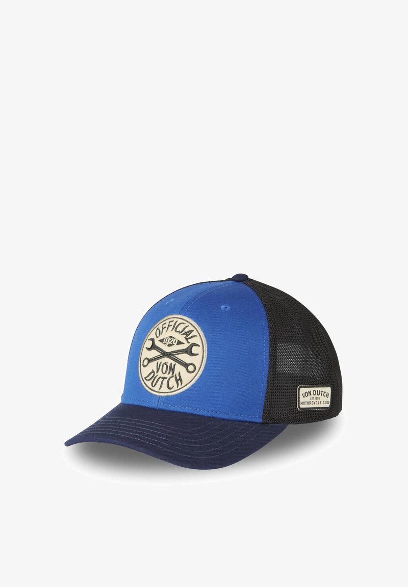 Casquette trucker Von Dutch bleue et noire avec dos en mesh, écusson rond montrant des clés croisées et texte "Official Von Dutch".