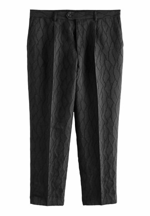 Black tailored pants with subtle raised wavy pattern, front button and zip closure, and side pockets.