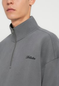 Sudadera gris con cremallera y cuello alto, que presenta bordados negros con el nombre de la marca "Hollister" en el pecho. Textura suave.