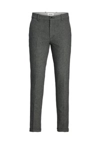 Graue maßgeschneiderte Hose aus strukturiertem Stoff, slim fit, mit Fronttaschen, Knopfverschluss und umgeschlagenen Säumen. Dezente Karomusterung.