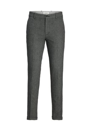 Szare dopasowane spodnie wykonane z teksturowanej tkaniny, slim fit, z kieszeniami z przodu, zapięcie na guzik i mankietowane nogawki. Delikatny wzór w kratę.