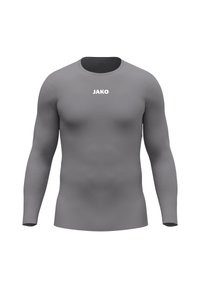 Langärmeliges Sportshirt in einfarbigem Grau mit tailliertem Schnitt. Verfügt über einen Rundhalsausschnitt und ein weißes "JAKO"-Logo auf der Brust.