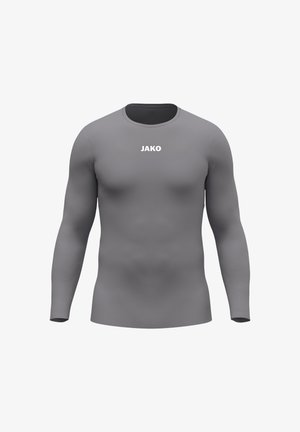 Langärmeliges Sportshirt in einfarbigem Grau mit tailliertem Schnitt. Verfügt über einen Rundhalsausschnitt und ein weißes "JAKO"-Logo auf der Brust.
