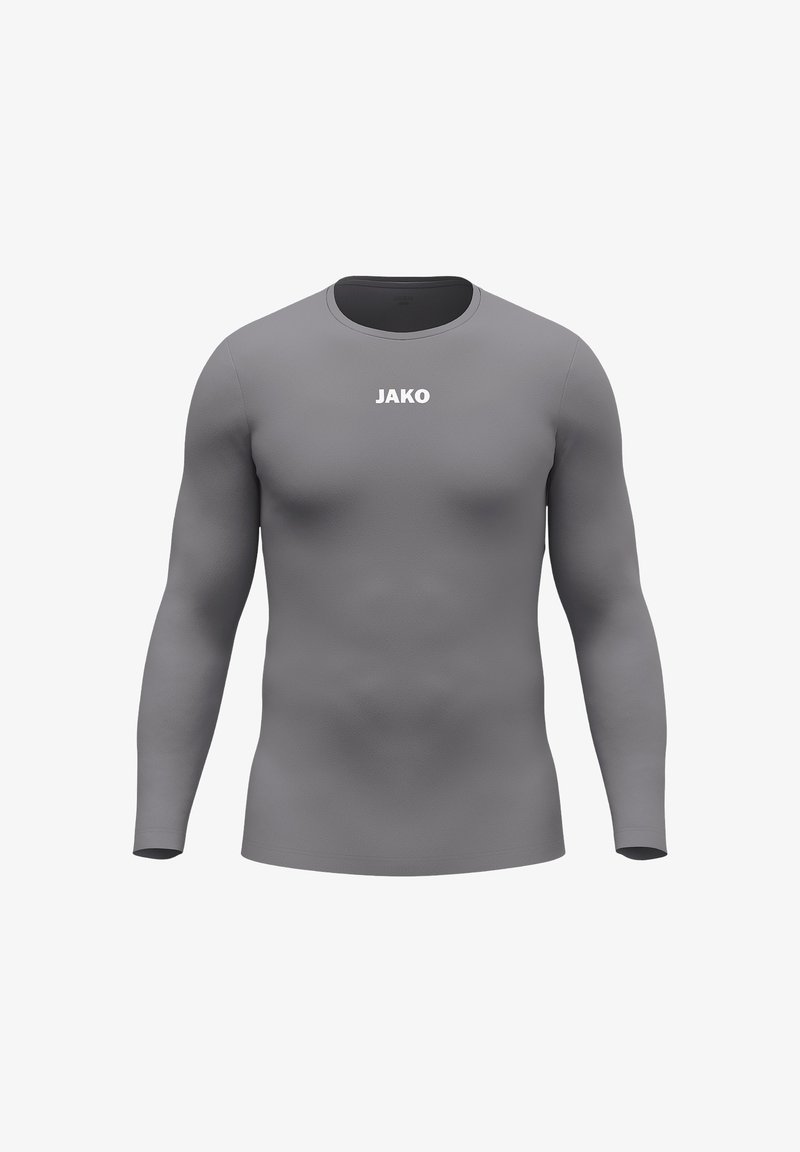 Langärmeliges Sportshirt in einfarbigem Grau mit tailliertem Schnitt. Verfügt über einen Rundhalsausschnitt und ein weißes "JAKO"-Logo auf der Brust.