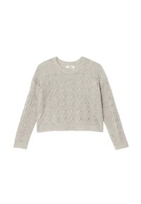 Pull court gris clair avec un motif de tricot décoratif ajouré, col rond et manches longues, avec des poignets et un ourlet côtelés.